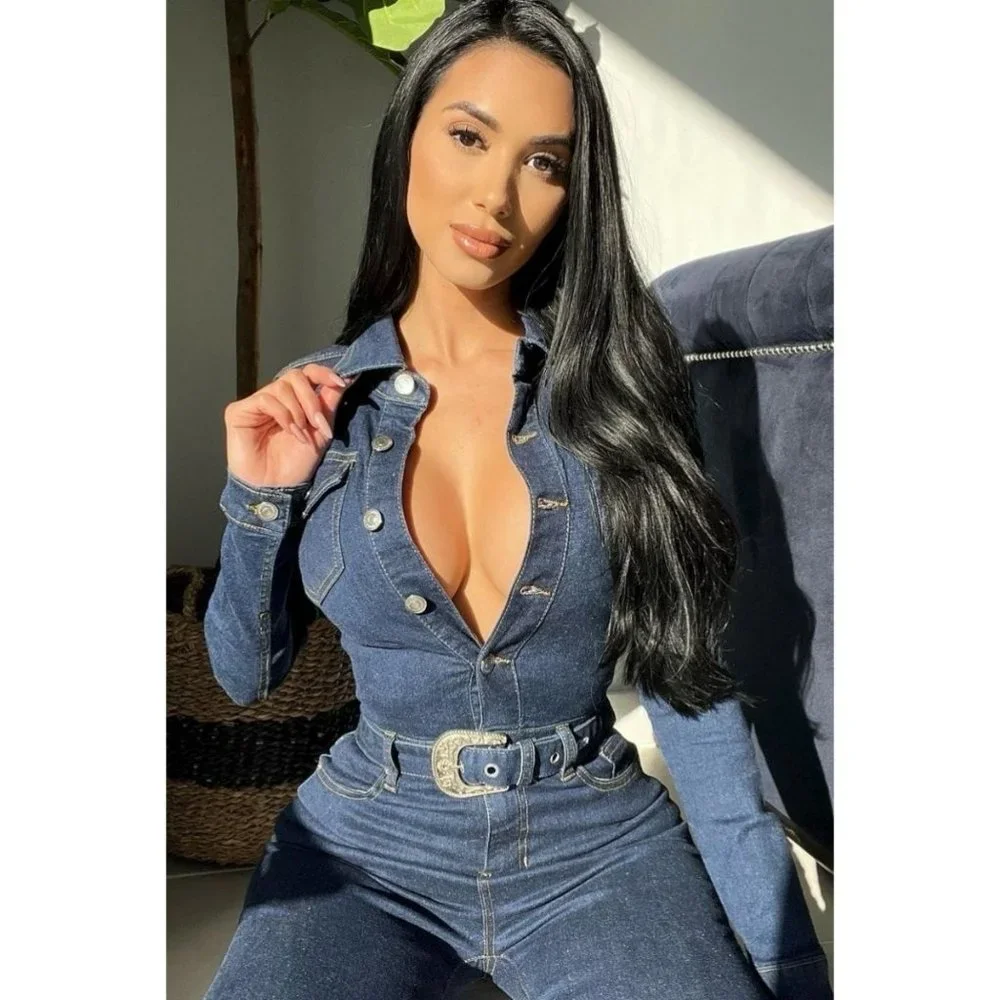 Blue Denim Jeans Long Sleeve Belted Bodycon Jumpsuit Playsuit - Picture 12 of 13